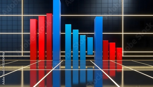 3D Neon Business Bar Graph with Reflective Floor and Sales Trends