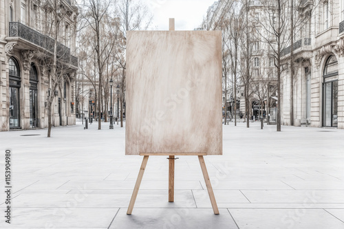 Tableau blanc vide  sur un chevalet dans une rue parisienne pour annonce  photo