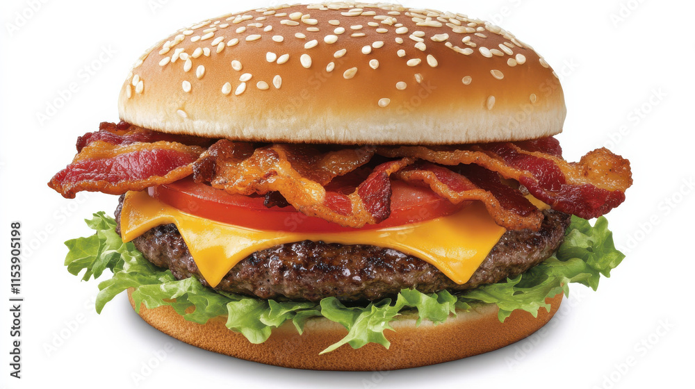 A gourmet cheeseburger with vibrant layers of fresh lettuce, bright red tomatoes, thick juicy beef patty, melted golden cheddar, and crisp bacon strips, set on a perfectly toasted sesame bun. Photogra A gourmet cheeseburger with vibrant layers of fresh lettuce, bright red tomatoes, thick juicy beef patty, melted golden cheddar, and crisp bacon strips, set on a perfectly toasted sesame bun. Photogra