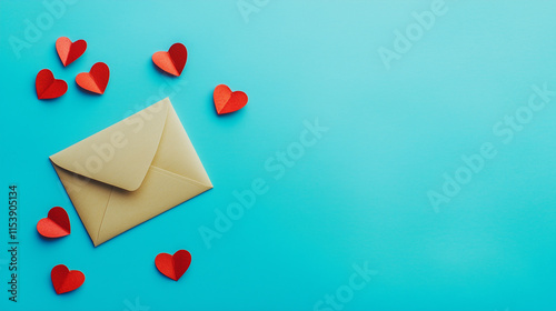 International day of gratitude, concept of gratitude. Greeting card with empty envelope and red hearts on pastel blue background, copy space. photo