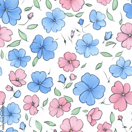 Seamless pattern for your design. Hand-drawn blue and pink cute flowers. Doodle style.