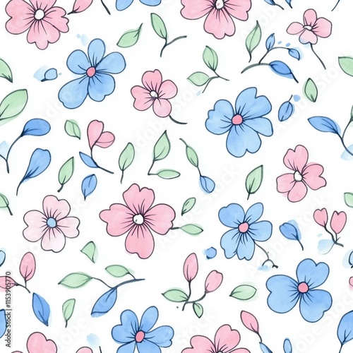 Seamless pattern for your design. Hand-drawn blue and pink cute flowers. Doodle style.