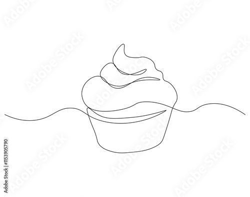 Continuous one line drawing of cup cake. One line drawing illustration of muffin cake. Pastry, bakery concept single line. Editable outline