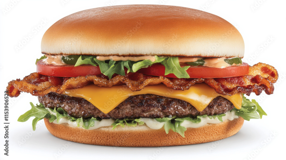 A gourmet cheeseburger with vibrant layers of fresh lettuce, bright red tomatoes, thick juicy beef patty, melted golden cheddar, and crisp bacon strips, set on a perfectly toasted sesame bun. Photogra A gourmet cheeseburger with vibrant layers of fresh lettuce, bright red tomatoes, thick juicy beef patty, melted golden cheddar, and crisp bacon strips, set on a perfectly toasted sesame bun. Photogra