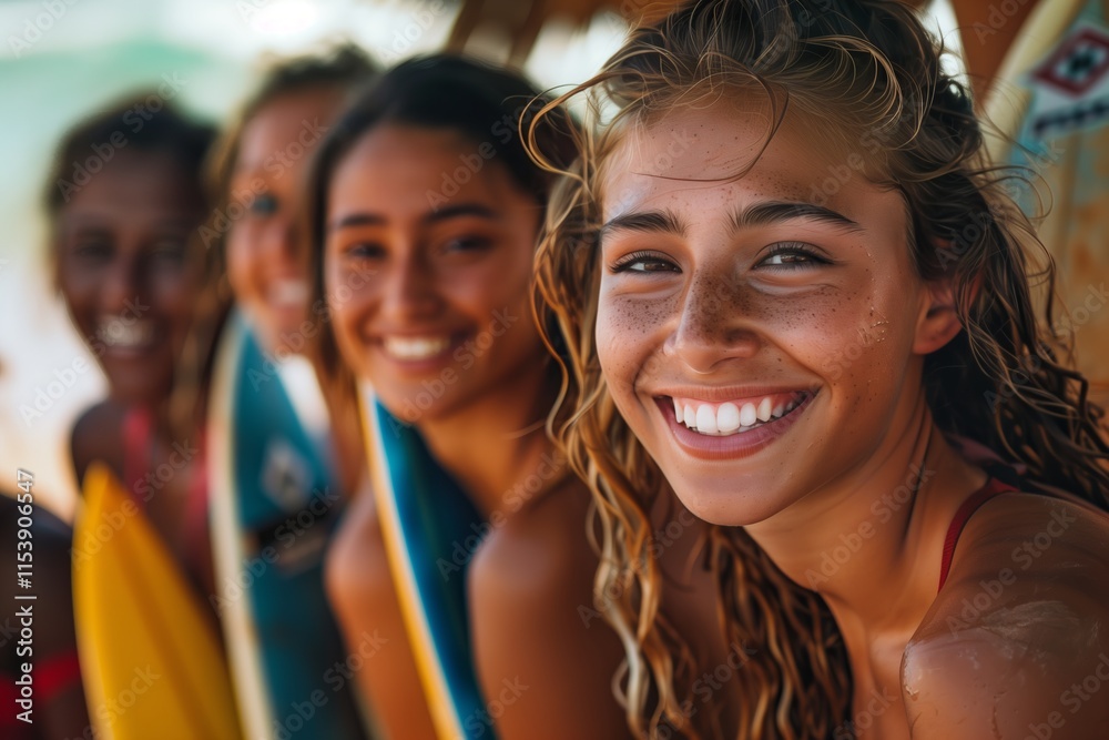 Fototapeta premium A joyful group of young women smiling while enjoying a day at the beach with surfboards.