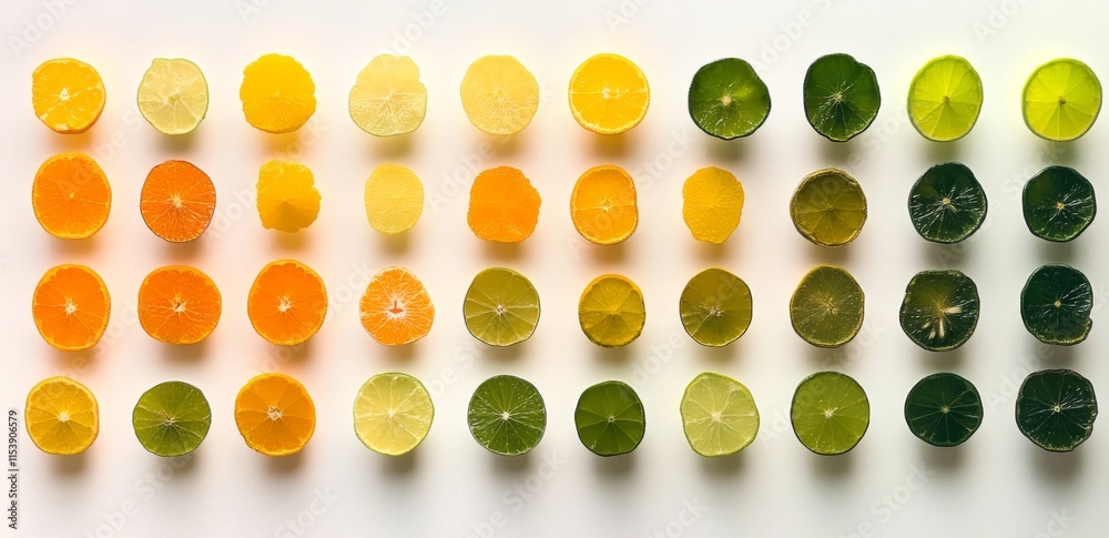 Grid of Colorful Citrus Slices Including Lemons and Oranges on White Background. Attractive Visual Composition Showcasing Diverse Shapes and Colors. Grid of Colorful Citrus Slices Including Lemons and Oranges on White Background. Attractive Visual Composition Showcasing Diverse Shapes and Colors.