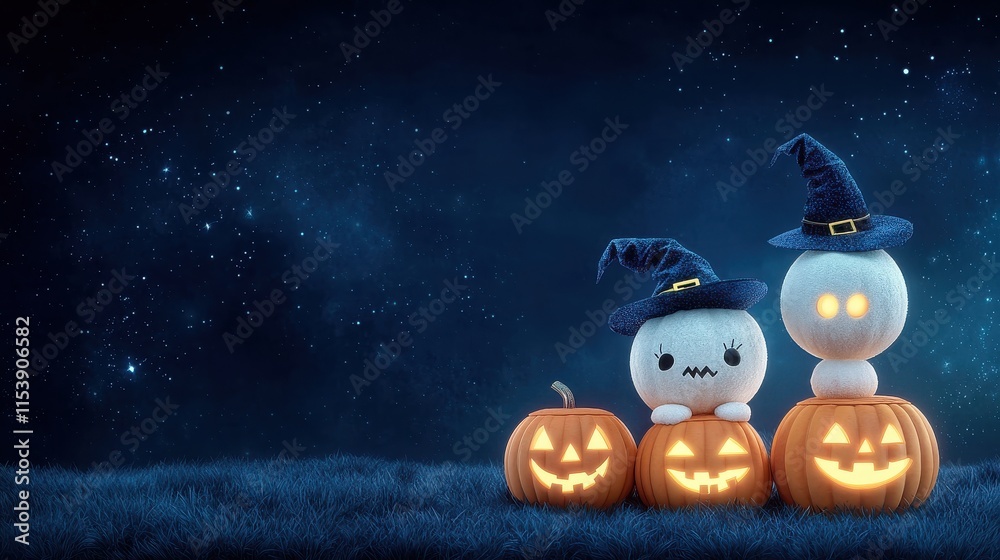 Fototapeta premium Two cute, whimsical characters with witch hats sit atop carved pumpkins against a starry night sky, embodying a playful Halloween spirit.