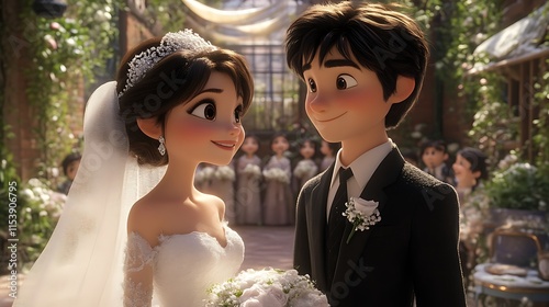 Animated bride and groom exchange loving glances at their wedding ceremony. photo