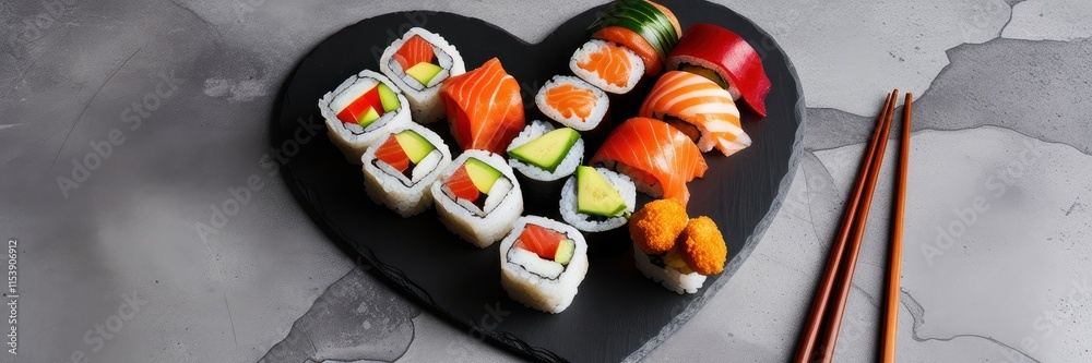 Valentine's day. Set with heart-shaped rolls for lovers on Valentine's day. February 14. Delicious and healthy Japanese cuisine. Love sushi. Website banner Valentine's day. Set with heart-shaped rolls for lovers on Valentine's day. February 14. Delicious and healthy Japanese cuisine. Love sushi. Website banner