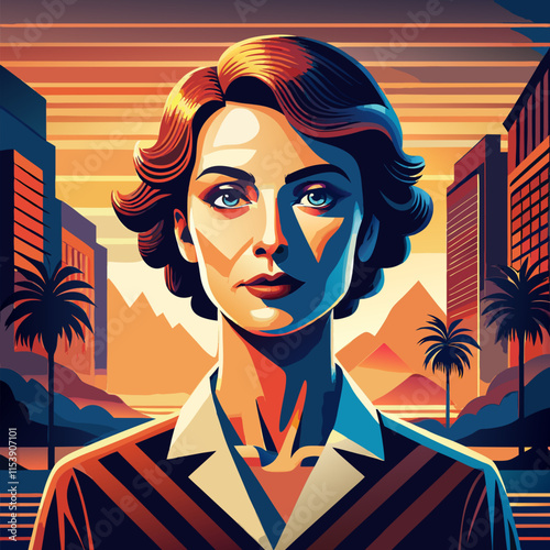 Confident woman avatar with retro hairstyle in vibrant cityscape at sunset