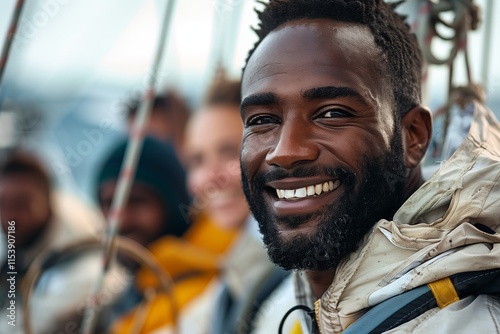 A joyful man smiling on a boat with friends, showcasing adventure and camaraderie. Perfect for leisure themes. photo