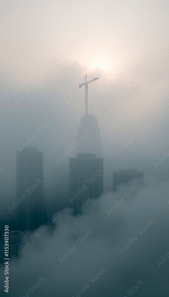 Obraz premium Urban architectural skyscrapers in dense morning fog, misty cityscape