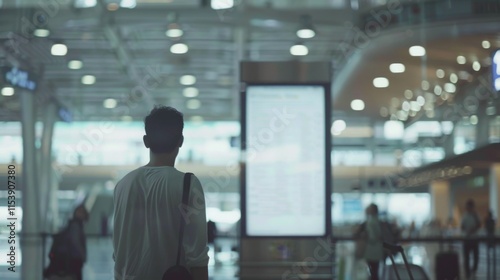 Man standing at airport terminal, gazing at large digital screen showing immigration policies,amidst bustling crowd and luggage,highlighting importance of travel regulations and border control info