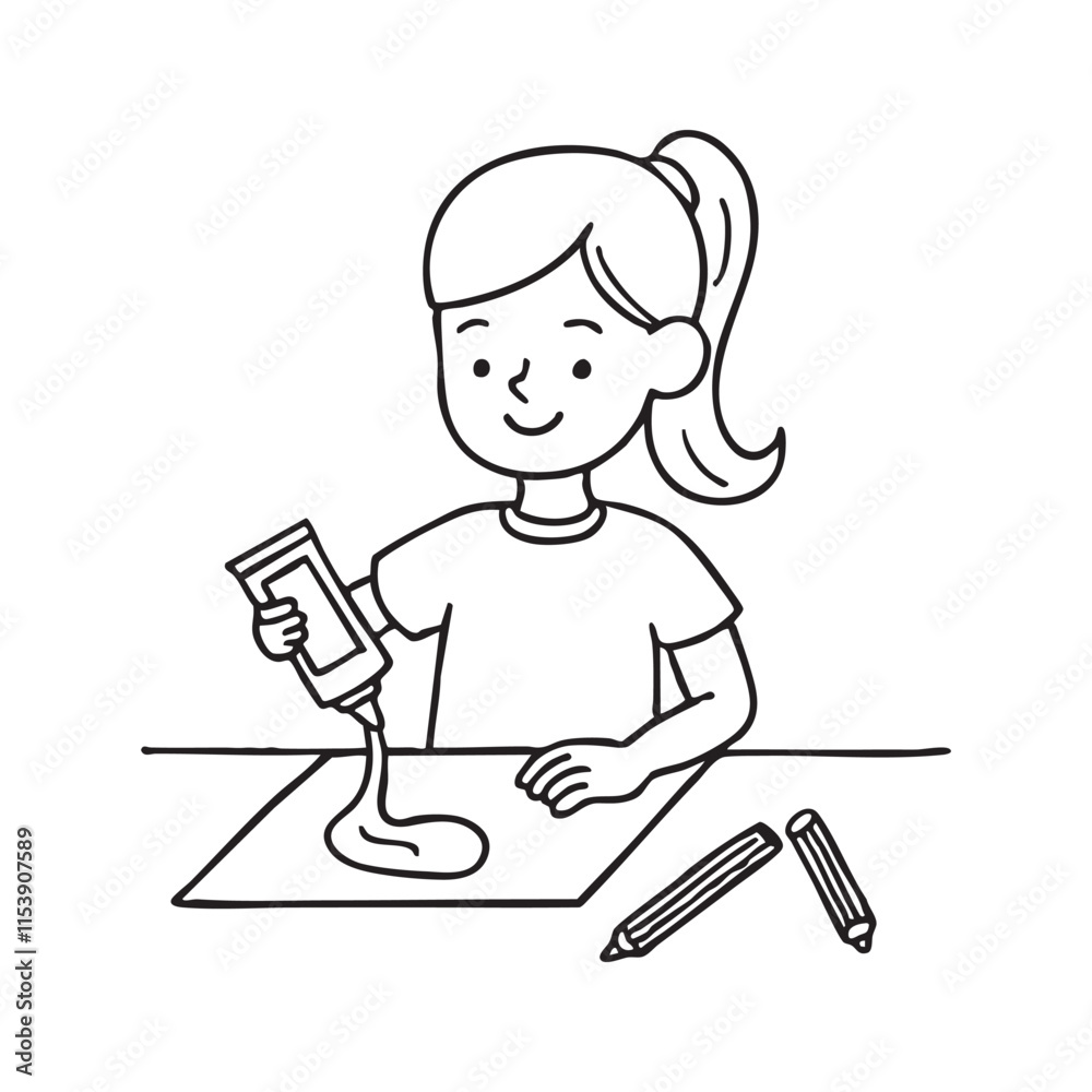 Doodle illustration of a child squeezing glue onto paper while making a craft project Doodle illustration of a child squeezing glue onto paper while making a craft project