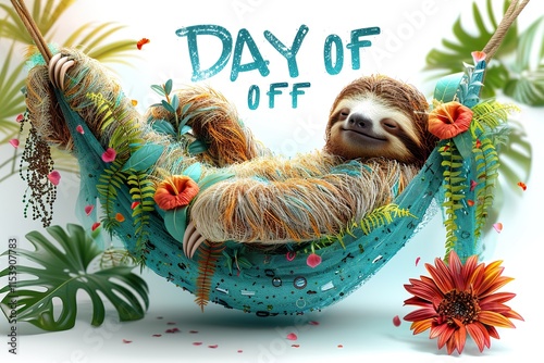 on a white background as t-shirt vector style A captivating 3D illustration of a sloth enjoying a well-deserved photo