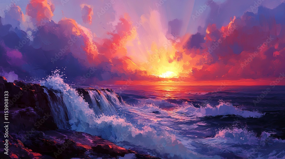 Fototapeta premium Sunset Over the Sea: Splashes of Water on Rocks with Sunlight Rays and Dramatic Clouds. AI generated illustration