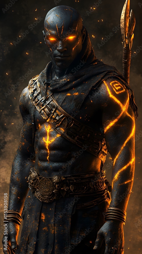 Fiery warrior with glowing orange eyes and ancient tribal armor surrounded by floating ember