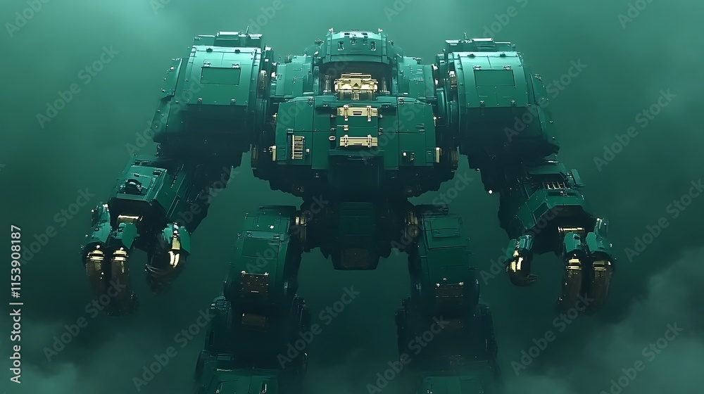 Fototapeta premium Imposing green robot, dark background.