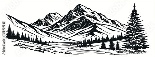 Mountain landscape, hand-drawn style, vector illustration.