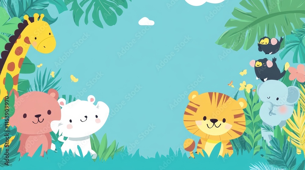 Naklejka premium A colorful illustration of cute cartoon animals in a jungle setting.