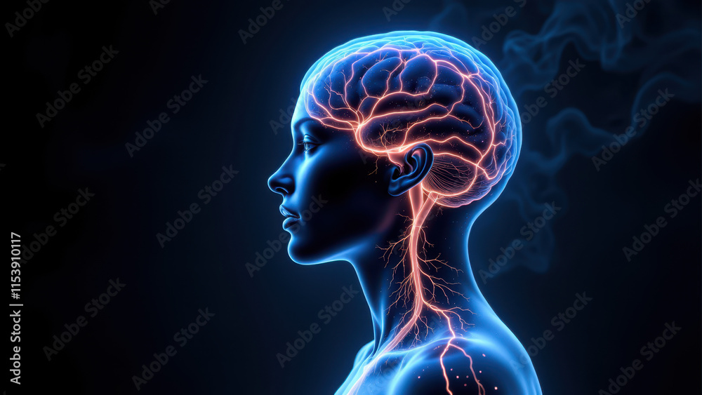 A 3D rendering of a human head with highlighted neural pathways, focusing on the area associated with Vagus Nerve Stimulation (VNS). A 3D rendering of a human head with highlighted neural pathways, focusing on the area associated with Vagus Nerve Stimulation (VNS).