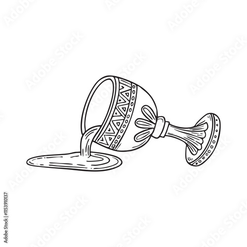 Doodle illustration of an ornate goblet tipped over on a table with liquid spilling out