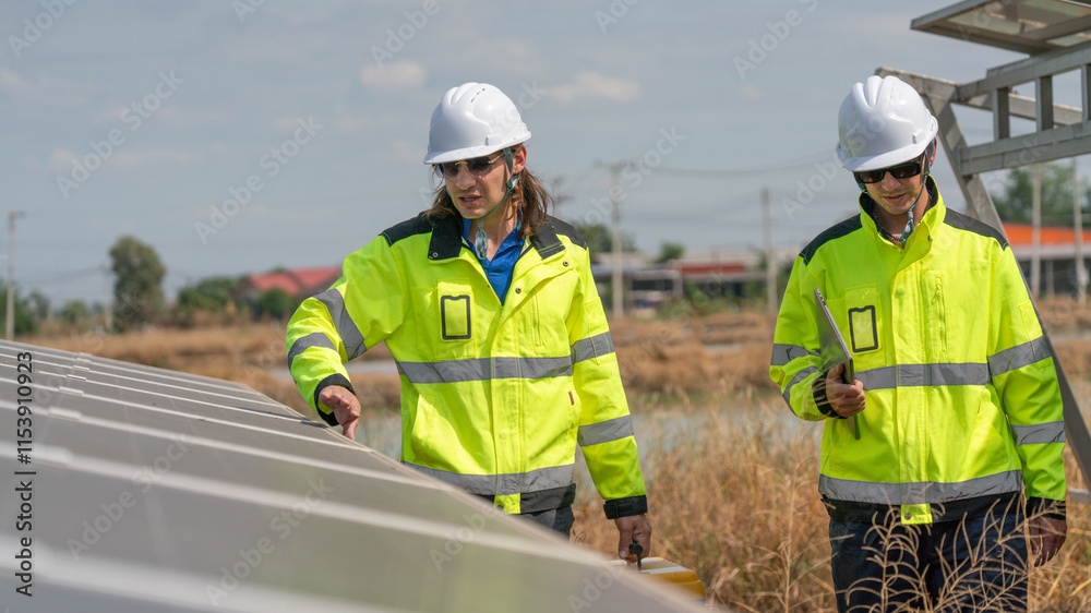 Caucasian electrician, technician, or engineer employed at a solar farm or sungrid plant that promotes clean, renewable energy,sustainable energy concept. Caucasian electrician, technician, or engineer employed at a solar farm or sungrid plant that promotes clean, renewable energy,sustainable energy concept.