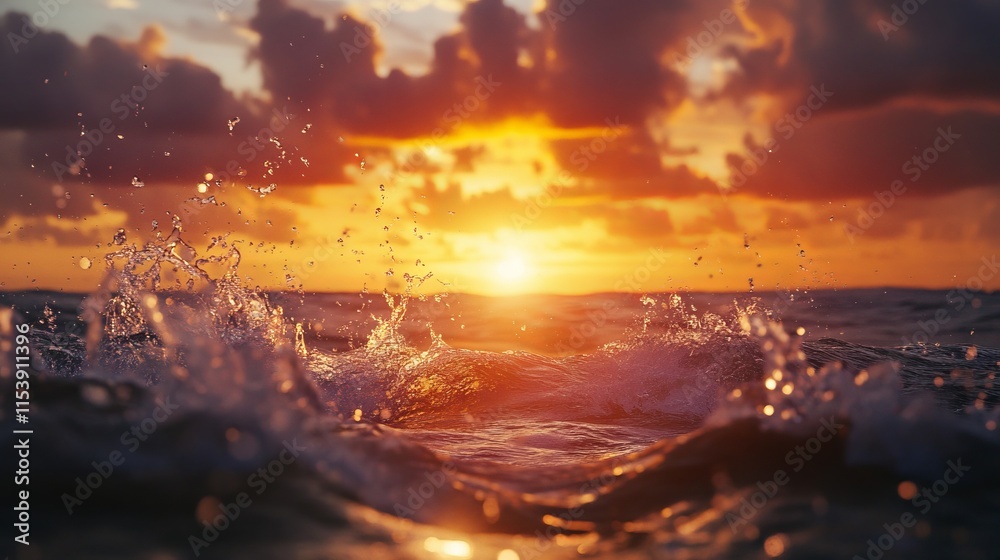Fototapeta premium Sunset Over the Sea: Splashes of Water on Rocks with Sunlight Rays and Dramatic Clouds. AI generated illustration