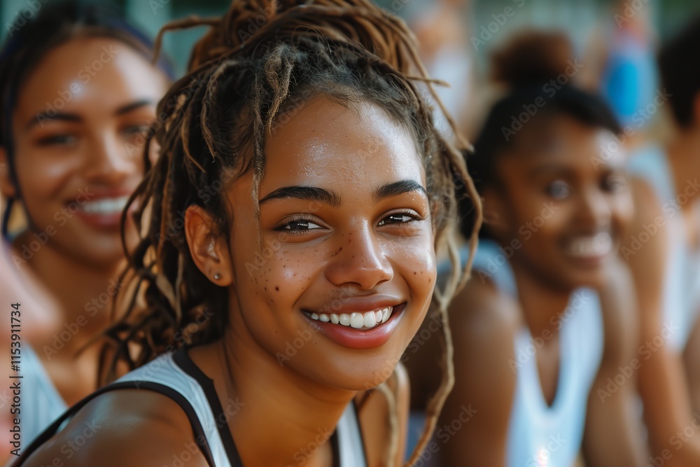 Fototapeta premium A joyful young woman with dreadlocks smiling brightly, surrounded by friends in a vibrant sports setting.