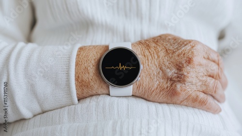 A close-up of an elderly person's hand wearing a smartwatch displaying a heartbeat monitor, emphasizing health and technology.
