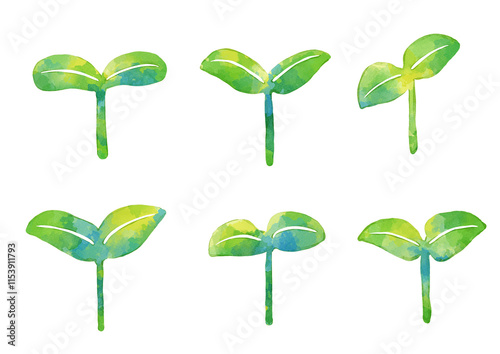 水彩タッチの植物コレクション　可愛くデフォルメされた芽、双葉