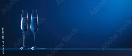 Two champagne flutes filled with sparkling wine sit on a dark blue surface against a matching backdrop.  A sophisticated and elegant image.