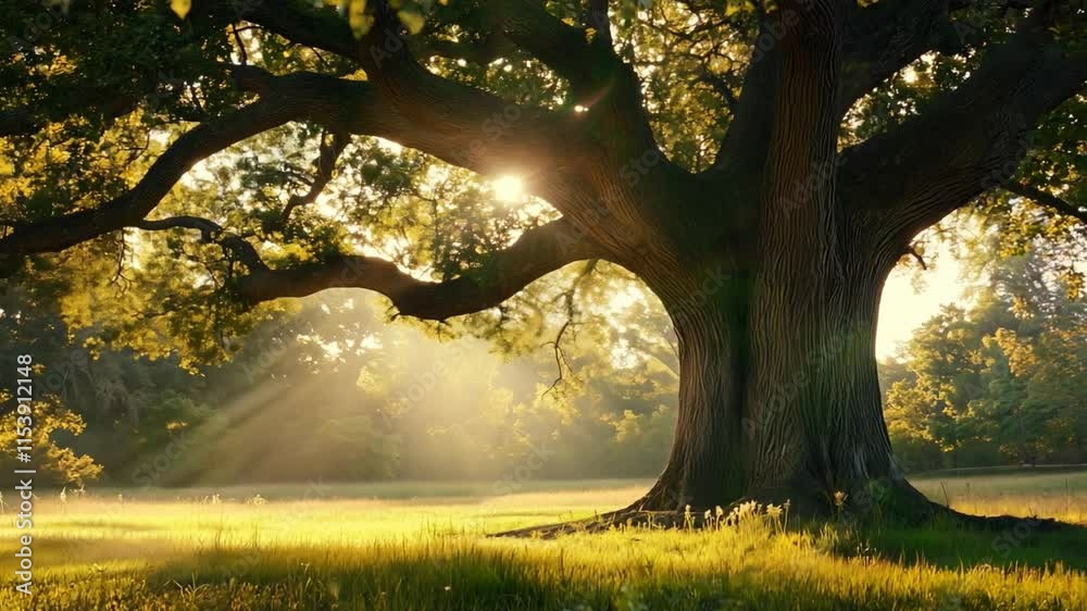 A stunning oak tree stands tall in a tranquil meadow, illuminated by golden sunlight during the early morning, creating a peaceful atmosphere