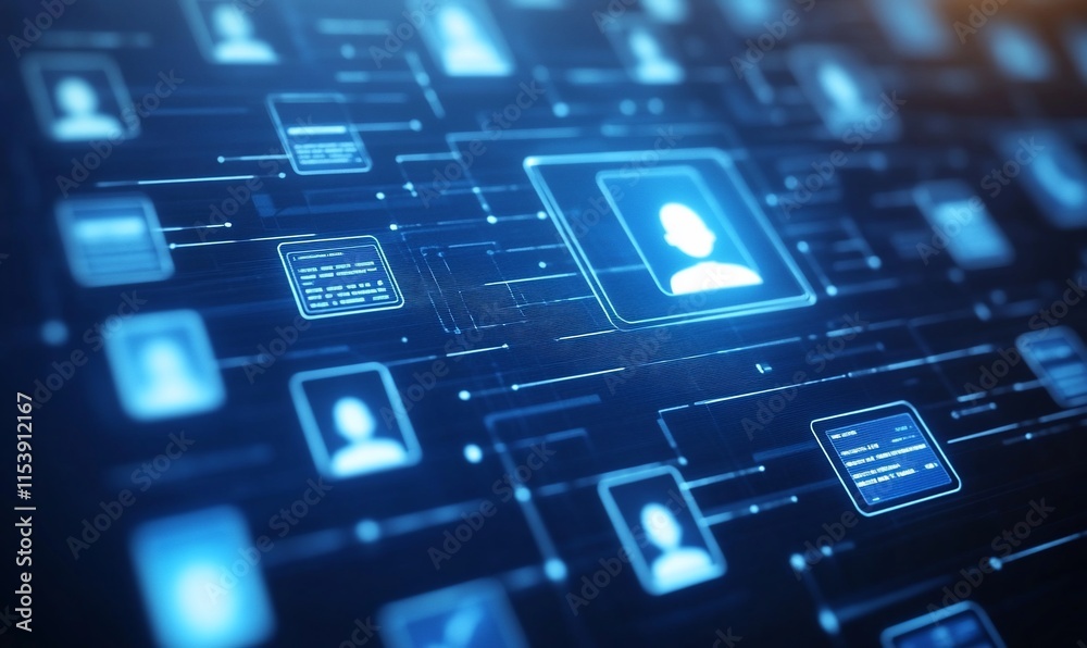Digital network of user profiles and connections represented visually. Digital network of user profiles and connections represented visually.