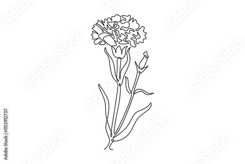 Continuous one line drawing of beauty fresh carnation for home wall art decor print poster. Decorative dianthus caryophyllus flower invitation card. Single line draw design vector graphic illustration