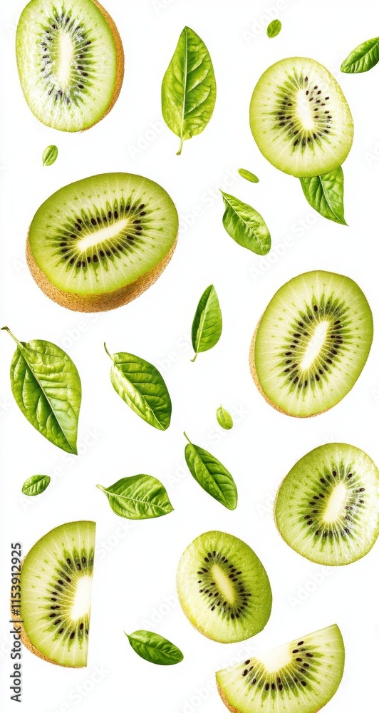 Fototapeta premium Falling Kiwi Fruit Cut in Half, Isolated on White Background. PNG File with Transparent Layers for Each Kiwi. Detailed Green Kiwifruit Cutout.
