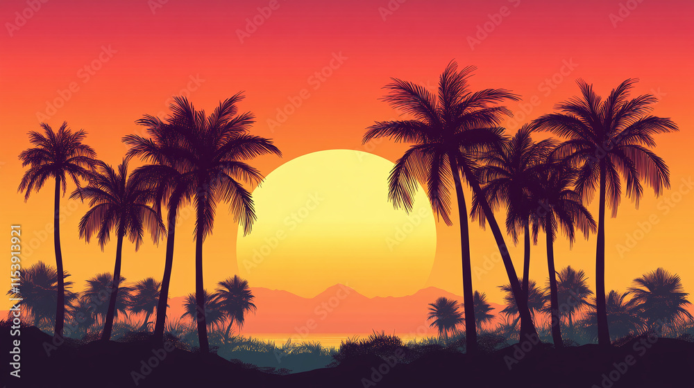 Silhouette of coconut palm trees against the orange sunset sky, illustration. tropical summer sunrise landscape, paradise travel evening, vacation holiday coast dusk twilight sundown. Silhouette of coconut palm trees against the orange sunset sky, illustration. tropical summer sunrise landscape, paradise travel evening, vacation holiday coast dusk twilight sundown.