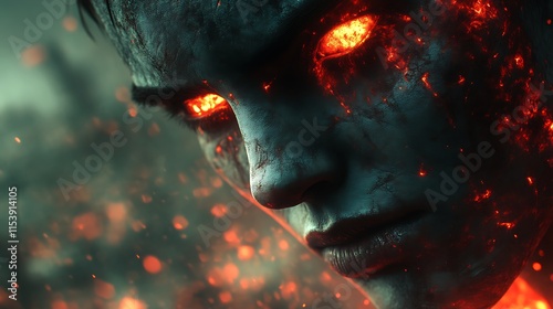 Fiery, demonic, humanoid face close-up.