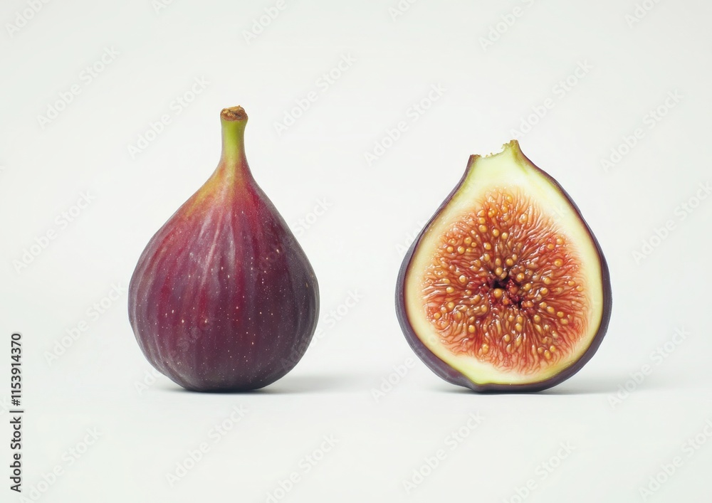 Whole Fig and Half-Slice Isolated on White Background. Detailed Illustration Showcasing Freshness and Texture. Whole Fig and Half-Slice Isolated on White Background. Detailed Illustration Showcasing Freshness and Texture.