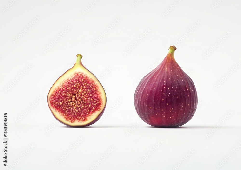 Whole Fig and Half-Slice Isolated on White Background. Detailed Illustration Showcasing Freshness and Texture. Whole Fig and Half-Slice Isolated on White Background. Detailed Illustration Showcasing Freshness and Texture.