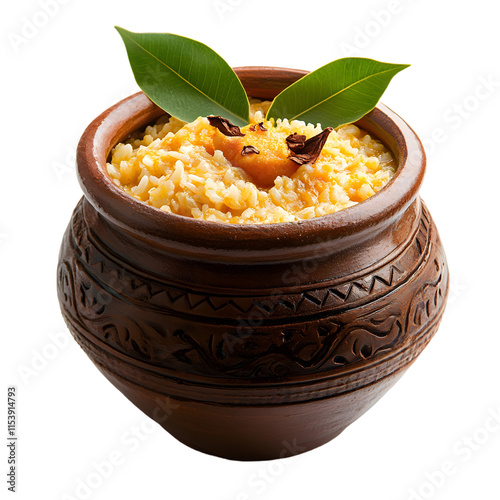 raditional clay pot filled with sweet pongal topped with leaves and spices, Indian festive dish isolated on a white background, png photo