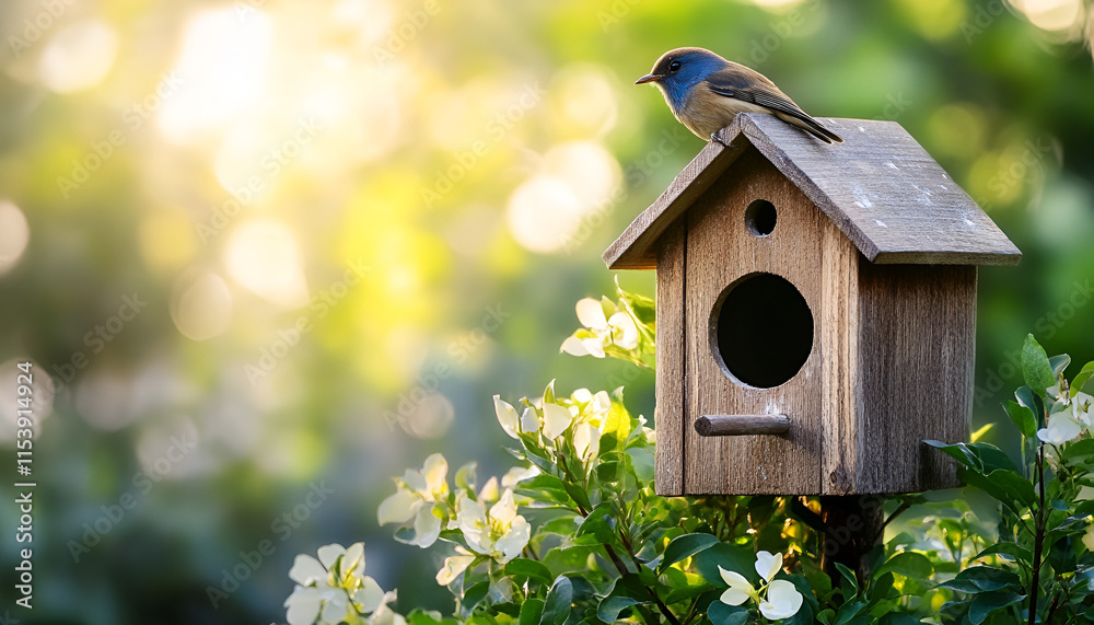 Sparrow Perched on Wooden Birdhouse in Spring Sparrow Perched on Wooden Birdhouse in Spring