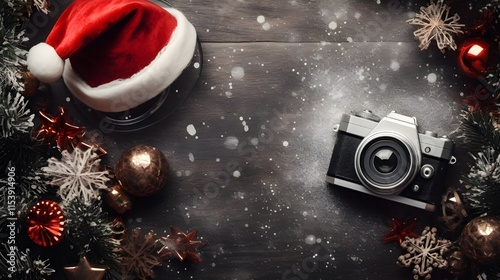 A camera with santa hat on it sits on a wooden table photo