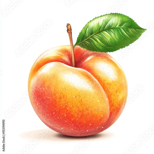 High-Resolution Clipart of a Peach with Leaf on White Background. No Shadow, Text, or Symbols. Detailed and Crisp. photo