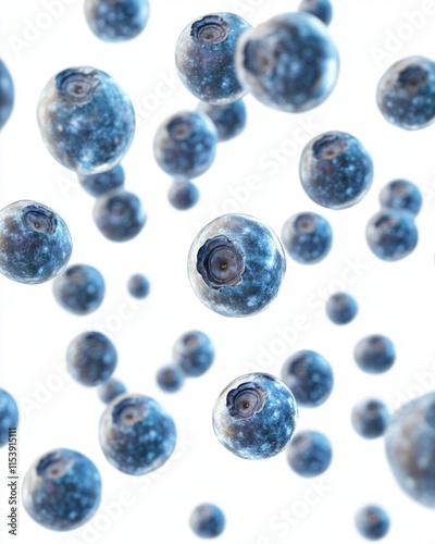 Realistic Blueberries Floating in the Air on White Background. High-Resolution, Detailed Illustration Capturing Vibrant Colors and Natural Texture.