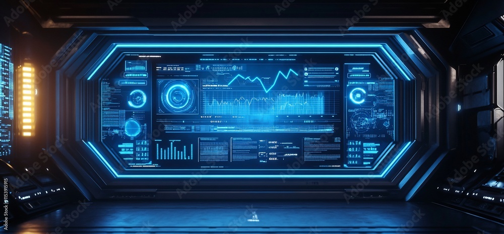 Futuristic control room with data visualizations and glowing interfaces. Futuristic control room with data visualizations and glowing interfaces.