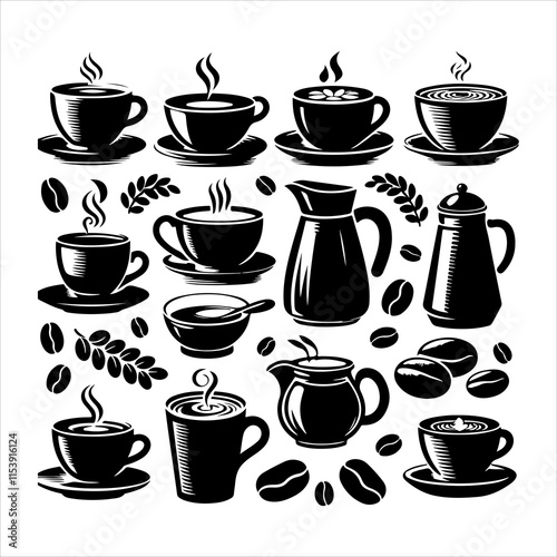 Coffee cup and bean silhouette vector. Coffee cup and bean icons silhouette illustration