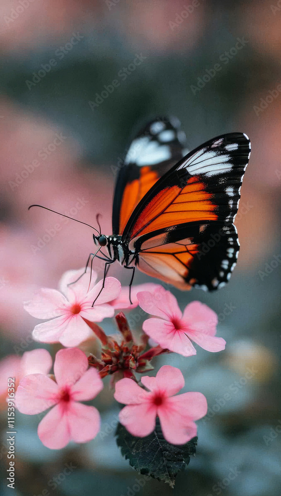 Close up of endangered butterfly on pink flowers, showcasing nature beauty Close up of endangered butterfly on pink flowers, showcasing nature beauty