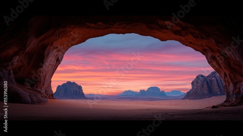 Breathtaking Sunset View from Cave Opening Overlooking Desert Landscape at Dusk