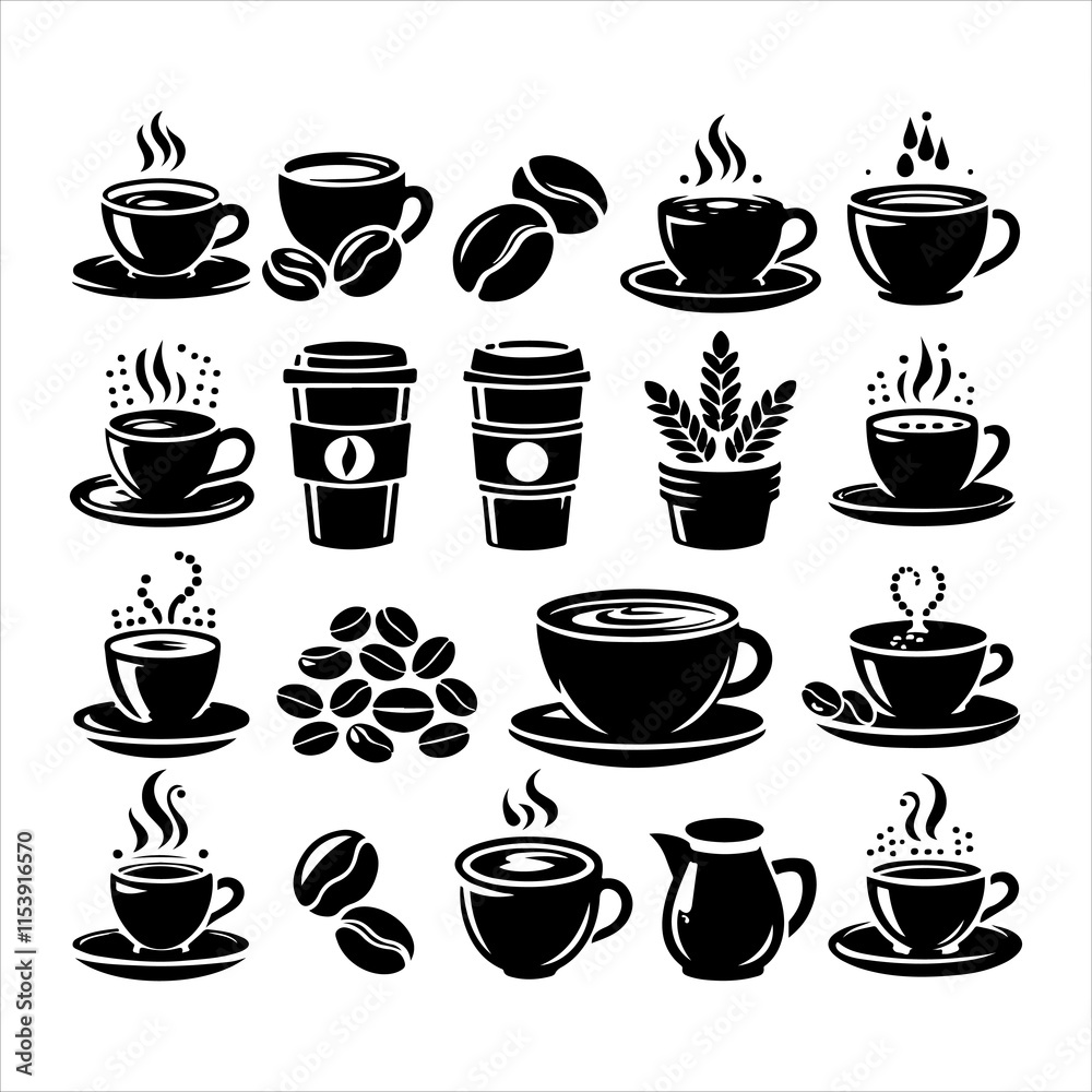 Obraz premium Coffee cup and bean silhouette vector. Coffee cup and bean icons silhouette illustration